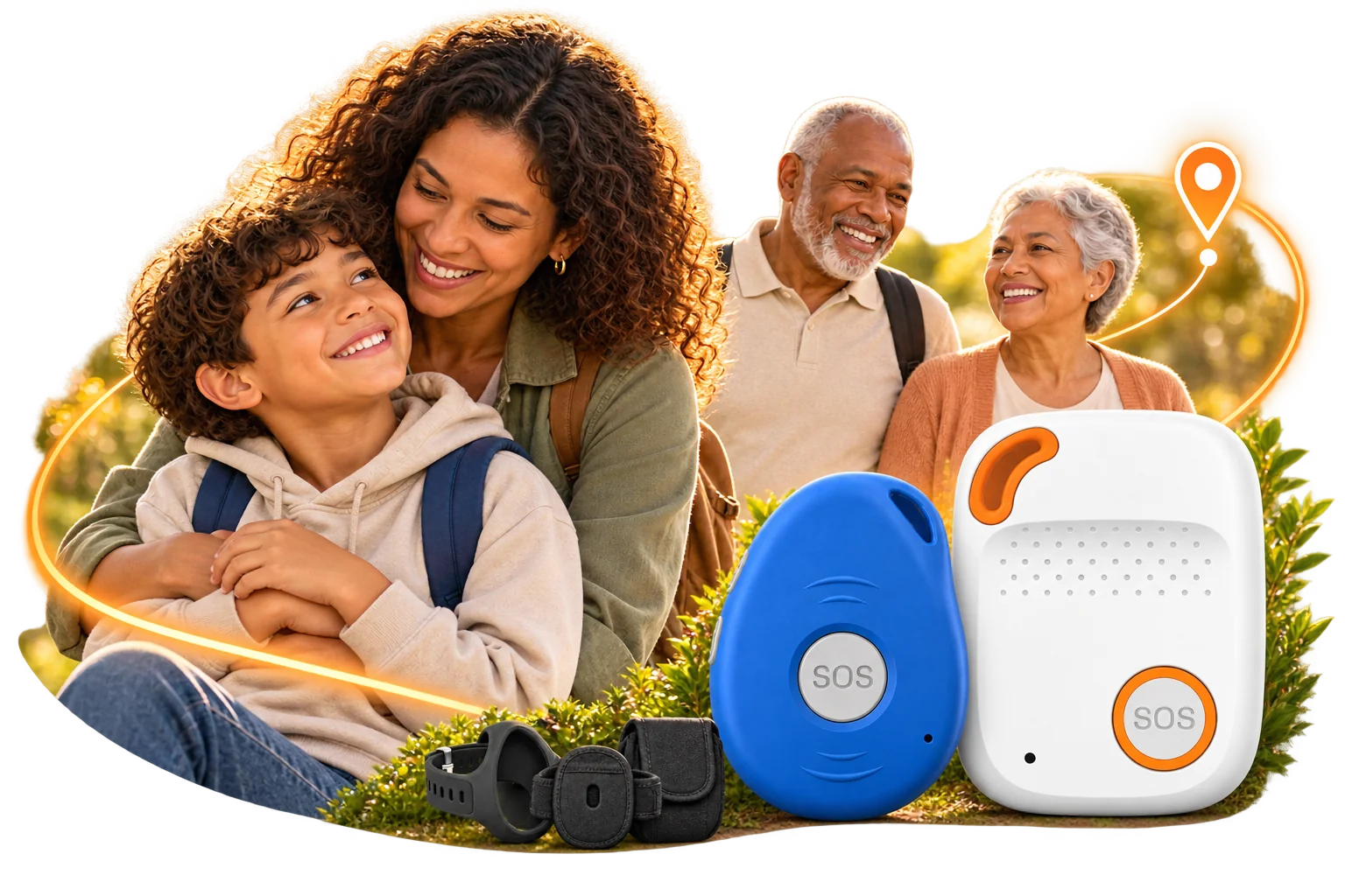 Família com criança e idosos junto dos módulos GPS Mobino