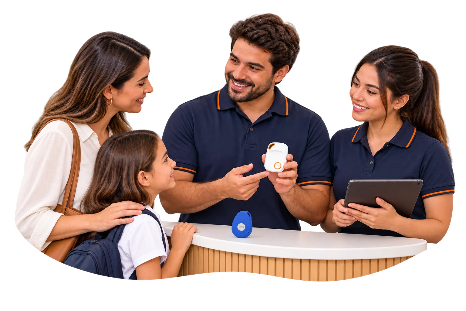 Prestador Mobino e sua equipe apresentando o módulo GPS a uma família